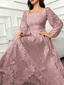 Modelyn Women's Elegant Floral Mesh Lantern Sleeve Modest Long Sleeve Dress - Pink - View 5