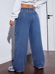 SHEIN ICON Plus Size Front Button Multiple Pockets Casual Denim Jeans, Daily Wear - Blue - View 2