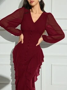 Modelyn Burgundy Red Women's Solid Color V-Neck Long Sleeve Front Button Minimalist Ruffle Trim Dress