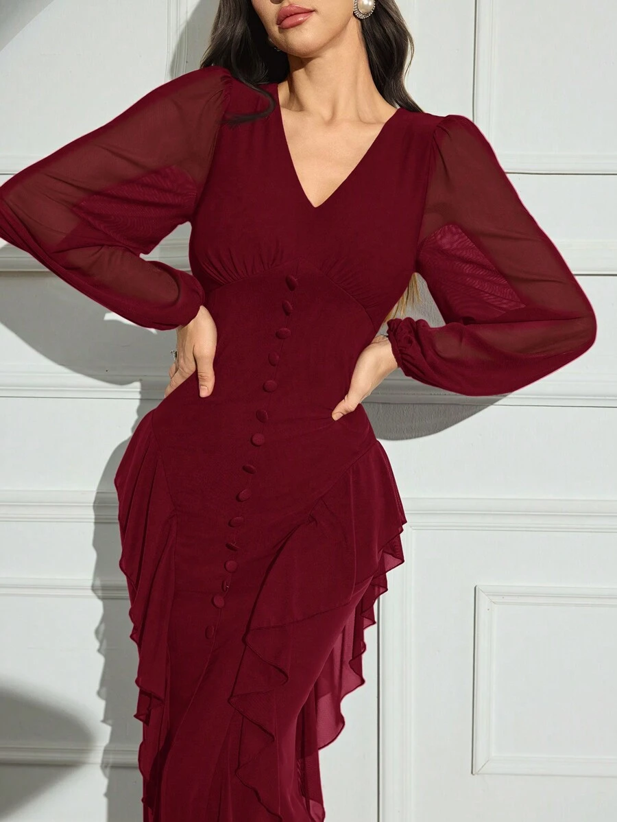Modelyn Burgundy Red Women's Solid Color V-Neck Long Sleeve Front Button Minimalist Ruffle Trim Dress