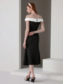 Poshira Women's Colorblock Simple Off-Shoulder Cocktail Party Dress