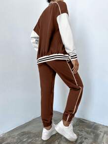 EURMUSE 2pcs Women Solid Color Patchwork Front Zipper Letter Print Long Sleeve Top And Pants Casual Suit - Chocolate Brown - View 2