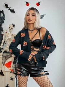 Chiquease Halloween Pumpkin Graphic V-Neck Drop Shoulder Knitted Cardigan Fall Cloth For Women