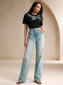 Anewsta 女士圆领短袖水钻装饰简约 T 恤，休闲日常穿着