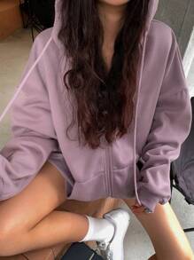 DAZY Women's Solid Color Drop Shoulder Long Sleeve Zip-Up Hooded Casual Fleece Sweatshirt, Fall/Winter Jacket - Dusty Purple - View 8
