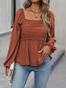 EMERY ROSE Áo peplum tay loe màu trơn đơn giản thời trang xuân/thu cho nữ - Rỉ Nâu - Xem 7