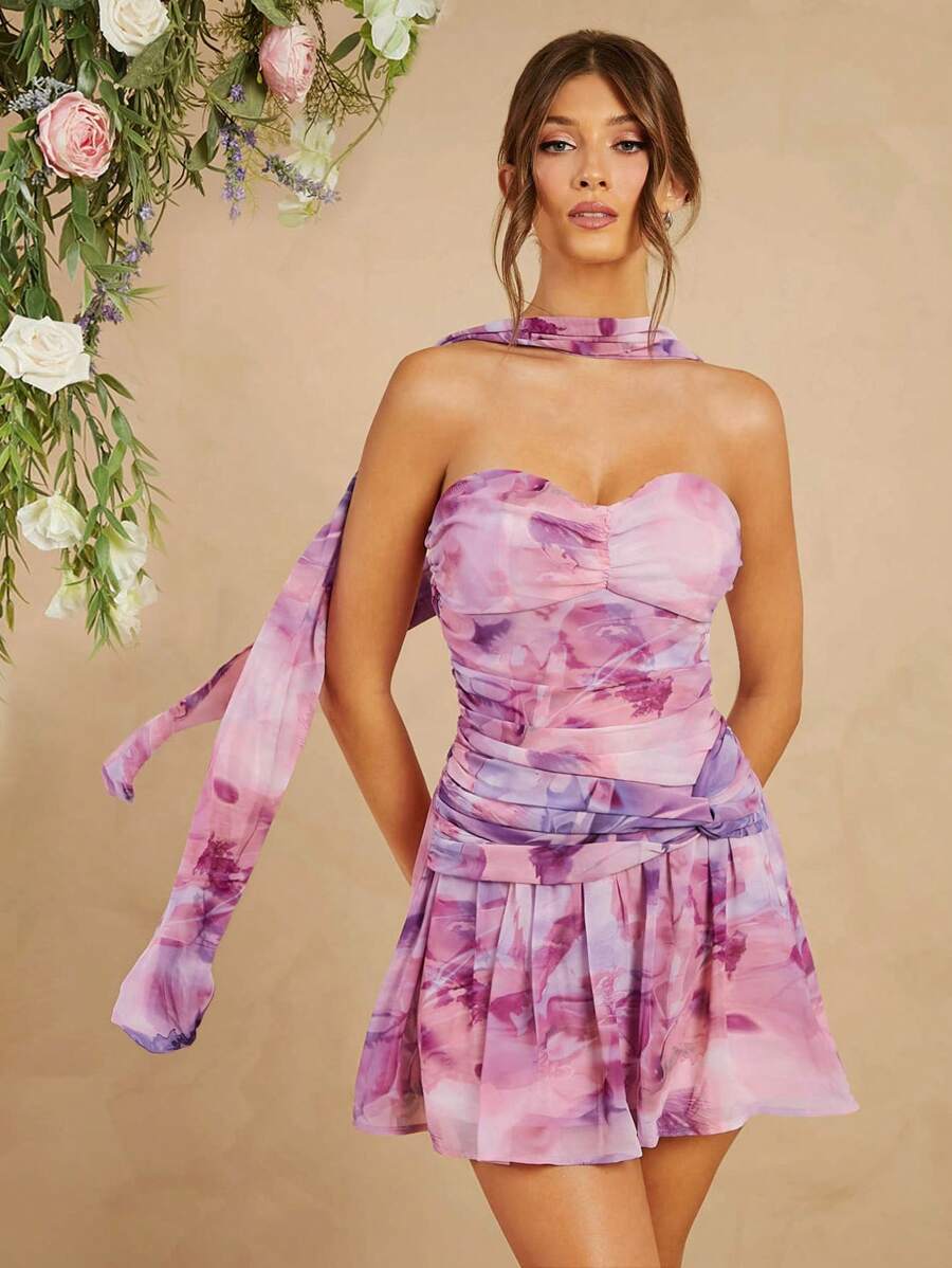 L'Amorae Abstract Floral Chiffon Mini Dress With Neck Scarf - Purple - View 1