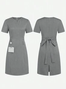 SHEIN TaskFit Áo sơ mi công sở màu trơn cổ chữ V tay ngắn cho nữ - Xám - Xem 1