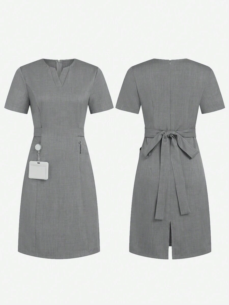 SHEIN TaskFit Áo sơ mi công sở màu trơn cổ chữ V tay ngắn cho nữ - Xám - Xem 1