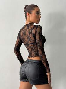 EgrlEra Petite Bluzka damska z koronką w jednolitym kolorze, z długim rękawem, minimalistyczna, przezroczysta (krój losowy)