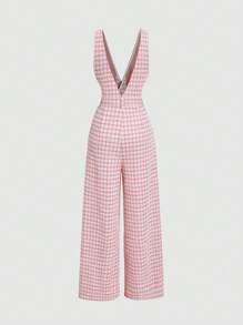 SHEIN MOD Mono elegante de pernera ancha con decoración de hebilla de metal con estampado de cuadros retro clásico para mujer