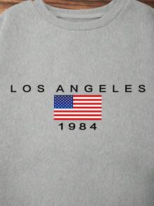 SHEIN Essnce American Flag & Letter Graphic Drop Shoulder Pullover - Grey - View 3