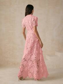 Anewsta Fitted Lace Trim Short Sleeve Dress For Women Maxi Women Outfit - Pink - View 2