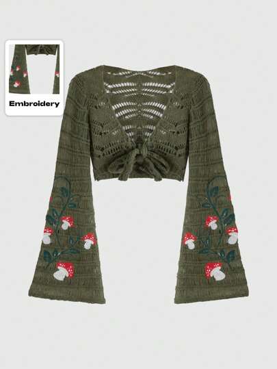 Fairycore Summer Mushroom Embroidery Tie Front Crochet Cardigan, School