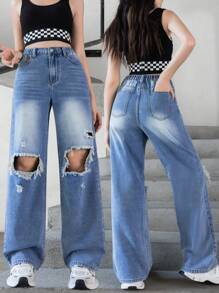 Teenage Girls' Casual Ripped Washed Straight Leg Jeans - Medium Wash - View 1