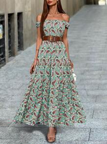 EMERY ROSE 女士夏季度假印花洋裝，露肩短袖長款休閑裙帶印花圖案 - 彩色 - 查看 5