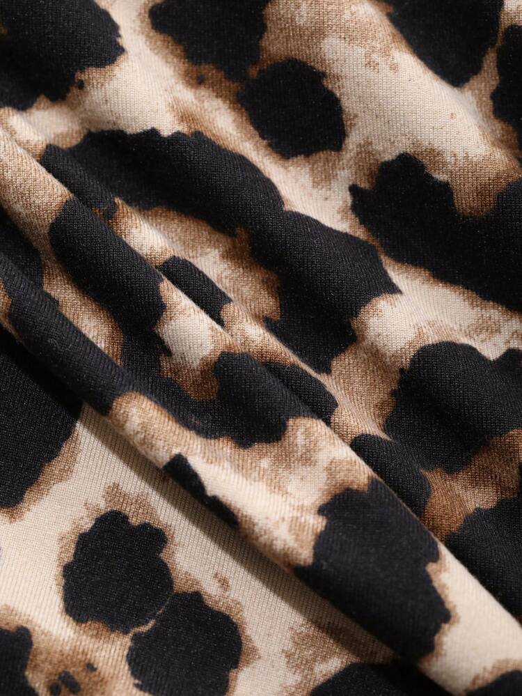 Women's Leopard Print Long Sleeve Asymmetrical Shoulder Fitted T-Shirt