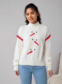 少女立领毛衣，针织雪人卡通图案，温暖时尚，红白配色，搭配裙子和靴子，打造时尚造型，适合圣诞节 - 米色 - 查看 3