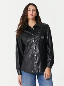 SHEIN EZwear Mantel PU Hitam Polos dengan Bahu Jatuh dan Emblem Huruf - Hitam - View 6
