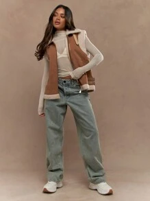MISSGUIDED Sleeveless Aviator Vest Shearling Lined Winter Suede Sherpa Cargo Utility Gilet With Side Buckles And Zip Front