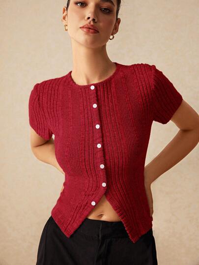 Poéselle 秋季修身不对称罗纹短袖女式 T 恤，带开衩下摆设计，短袖衬衫，圆领，紧身短袖衬衫，T 恤，秋季女式上衣，万圣节衬衫，外出服装