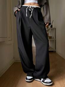 DAZY 女式阔腿系带腰休闲正装裤 - 黑色 - 查看 1