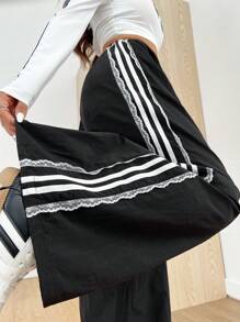 Muchica 女士纯色拼接简约休闲长裤 - 黑色 - 查看 1