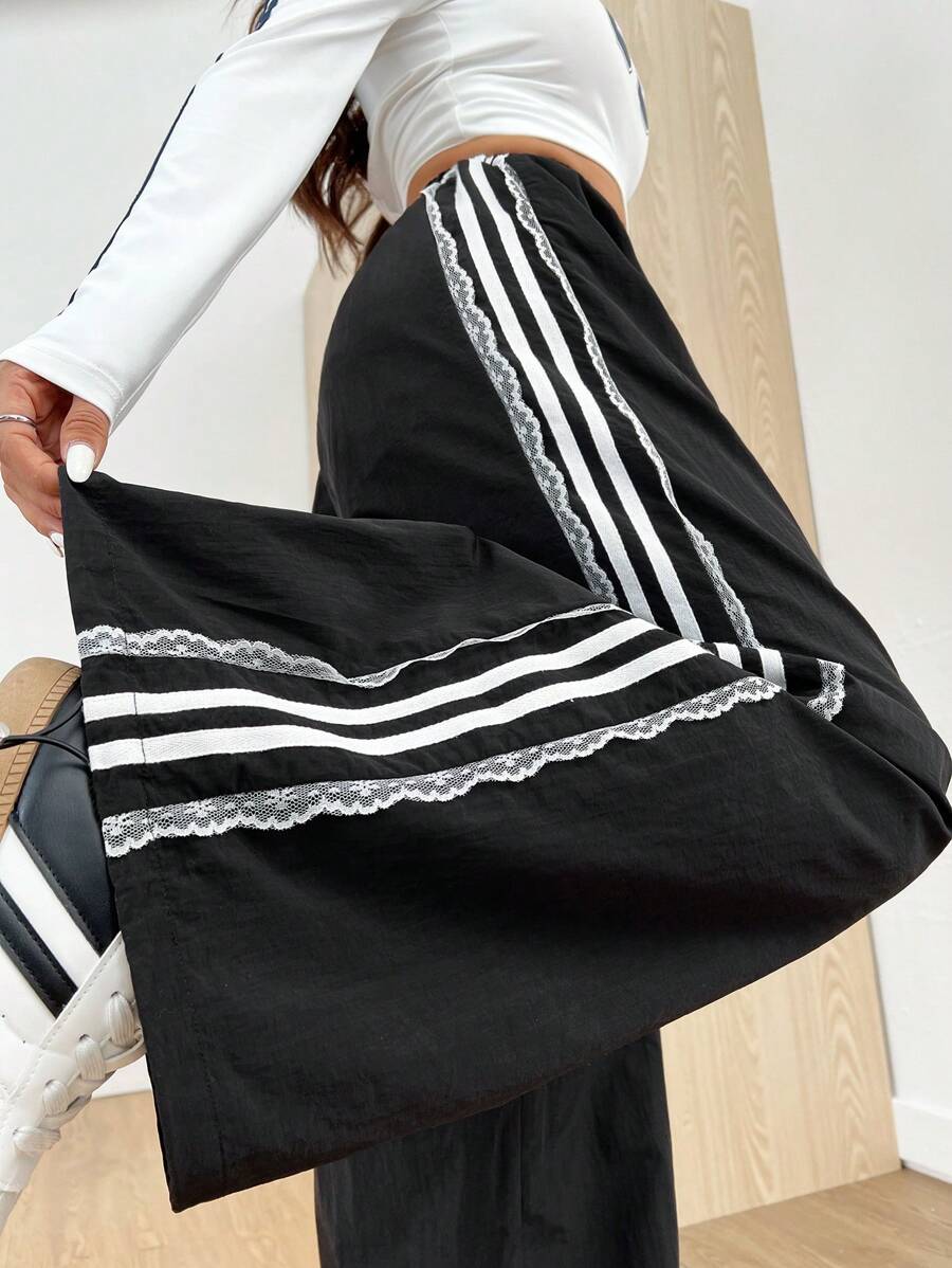 Muchica 女士纯色拼接简约休闲长裤 - 黑色 - 查看 1