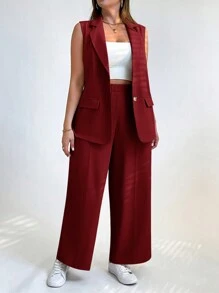 SHEIN Essnce 大码女式纯色缺口领单排扣背心和阔腿裤休闲套装，春夏季 - 酒紅色 - 查看 3
