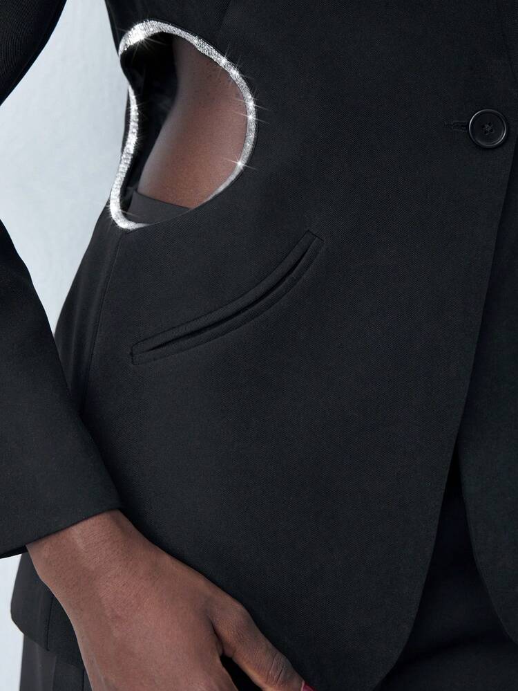 SHEIN Maija Blazer élégant pour femmes, couleur unie noire, col châle, manches longues, côtés évidés