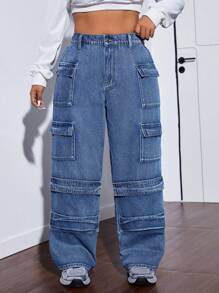 SHEIN ICON Plus Size Front Button Multiple Pockets Casual Denim Jeans, Daily Wear - Blue - View 1