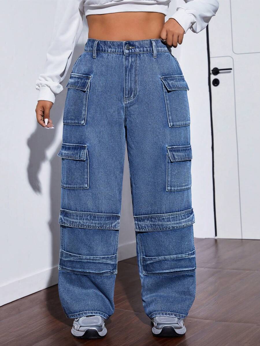 SHEIN ICON Plus Size Front Button Multiple Pockets Casual Denim Jeans, Daily Wear - Blue - View 1