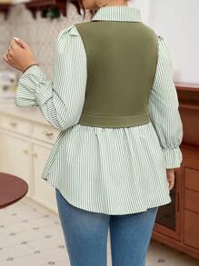 SHEIN LUNE 大码女式春秋条纹翻领长袖荷叶边下摆二合一上衣 - 軍綠色 - 查看 2