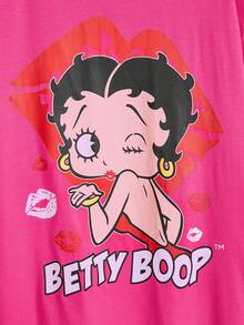 Betty Boop | ROMWE Camiseta holgada de manga caída con estampado de personaje de dibujos animados y letra, estilo informal de verano para mujer - Rosa Fucsia - Ver 3