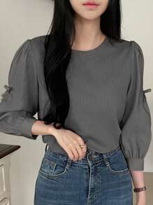 DAZY Women's Solid Color Round Neck Bow Decor 3/4 Sleeve Patchwork Blouse, Spring & Fall,Back To School Clothes Long Sleeve Top - Dark Grey - View 2