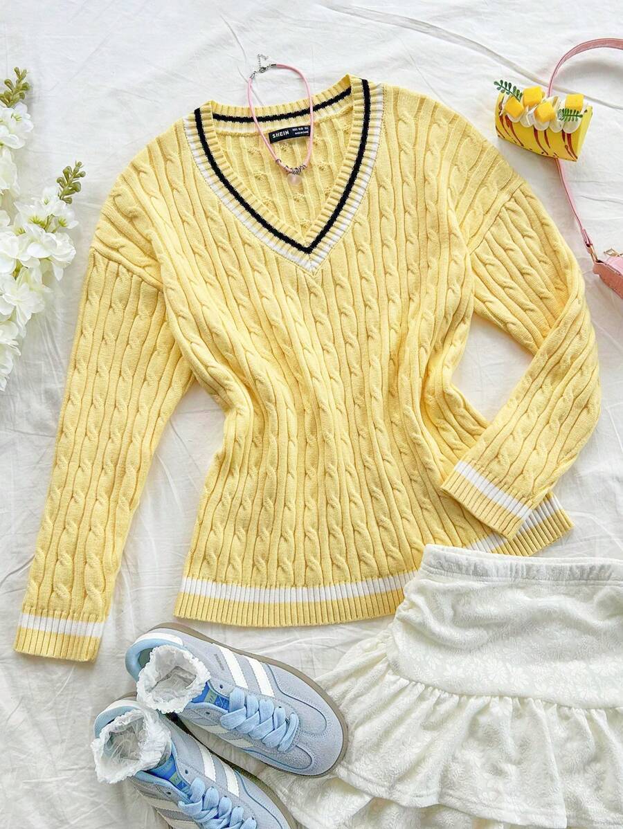 Soleia Women's Holiday Powder Pink V-Neck Contrast Trim Knitted Sweater, Fashionable Autumn/Winter