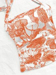 Soleia WYWH 度假女士挂脖编织白色复古印花褶皱露背吊带背心 - 橘色 - 查看 3