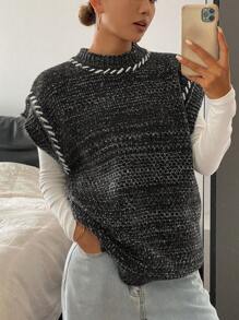 DAZY Chaleco de punto holgado de cuello redondo sin mangas con rayas de colores contrastantes para mujer, otoño e invierno - Gris - Ver 8
