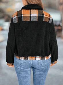 SHEIN LUNE Chaqueta de forro polar a cuadros de parche informal de talla grande, otoño e invierno