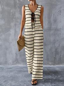 SHEIN Essnce Women's Casual Striped Tie-Front Sweater Vest And Wide Leg Knit Pants 2-Piece Suit, Spring And Autumn - Beige - View 9
