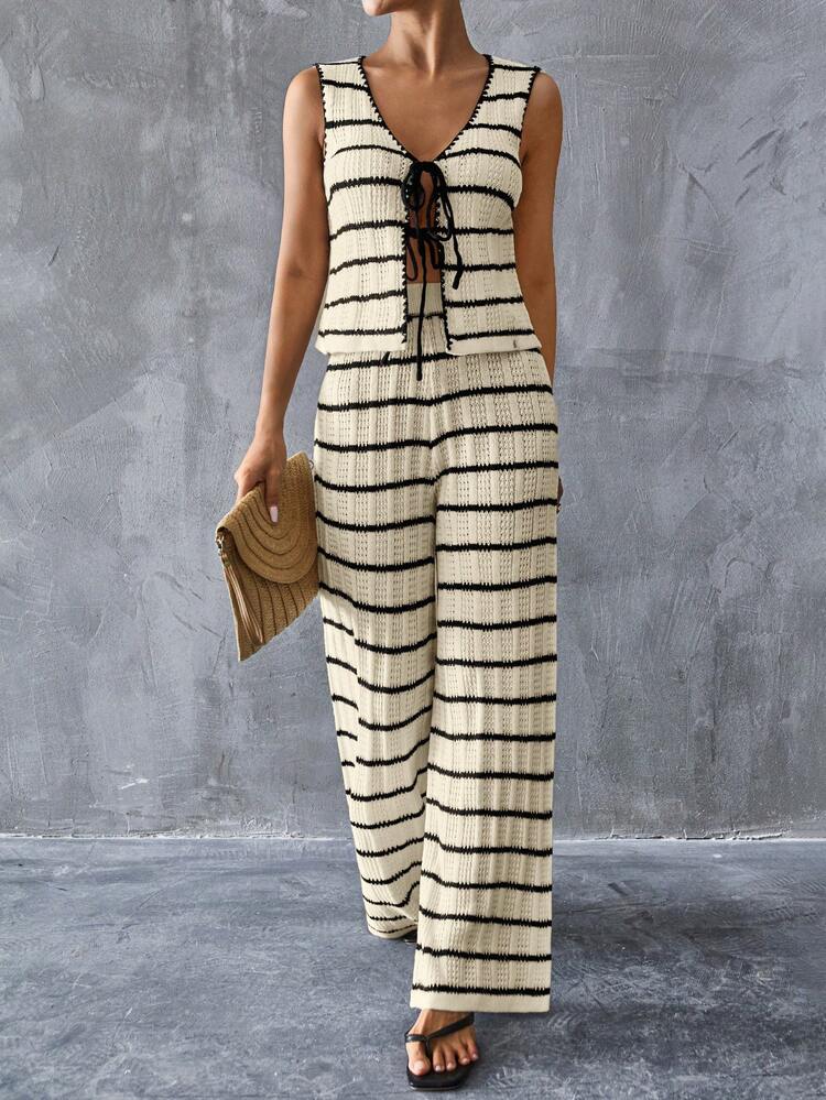 SHEIN Essnce Women's Casual Striped Tie-Front Sweater Vest And Wide Leg Knit Pants 2-Piece Suit, Spring And Autumn - Beige - View 9