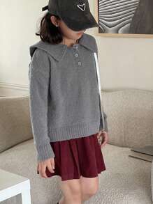 Dazy Kids 2pcs Tween Girl Grey Collar Top And Red Button Skirt Casual Outfit - Grey - View 2