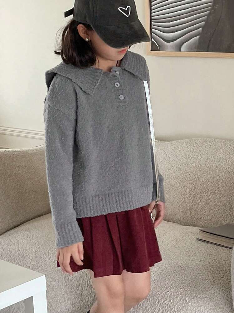 2pcs Tween Girl Grey Collar Top And Red Button Skirt Casual Outfit