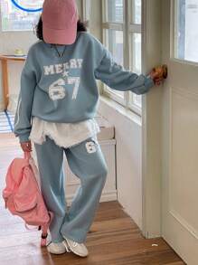 Dazy Kids 2 件女童（幼儿）字母印花圆领针织套装，秋季 - 藍色 - 查看 1