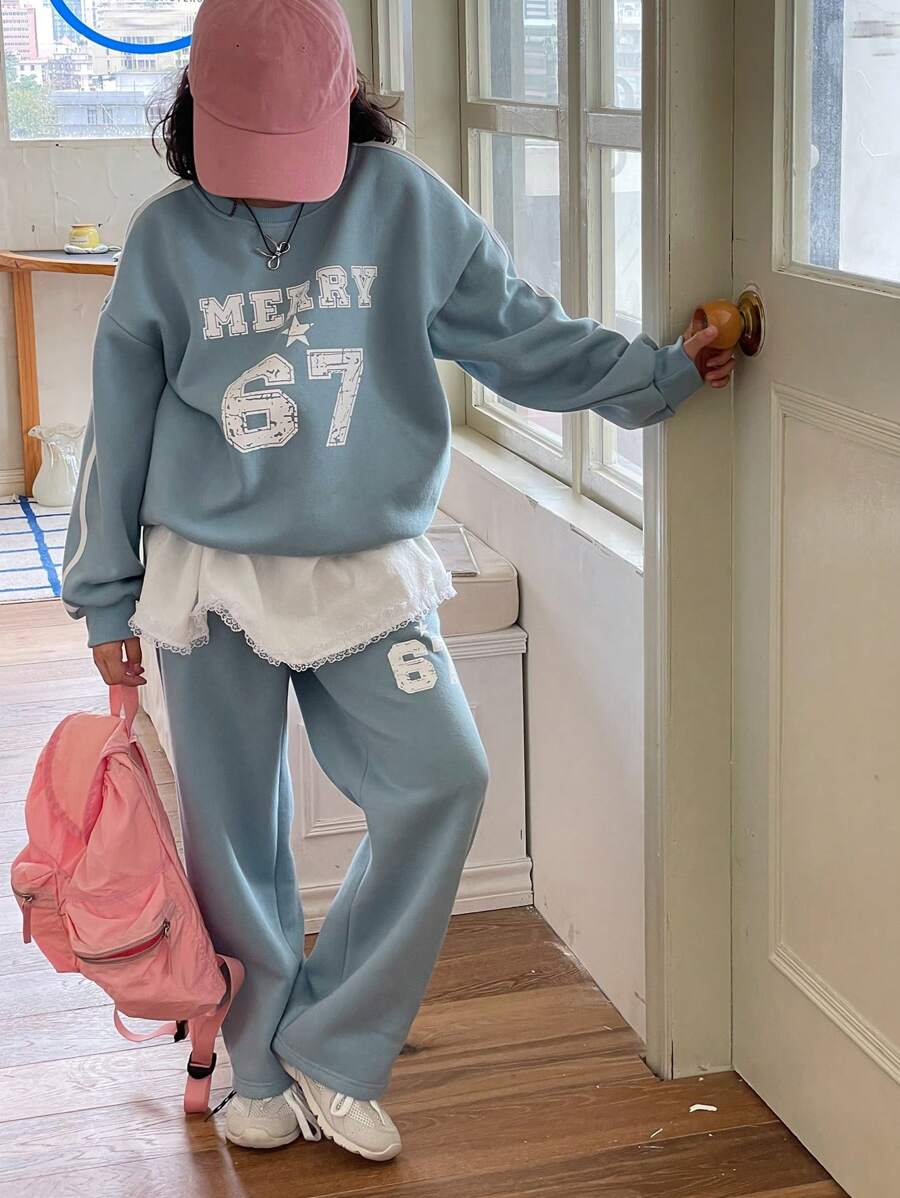 Dazy Kids 2 件女童（幼儿）字母印花圆领针织套装，秋季 - 藍色 - 查看 1