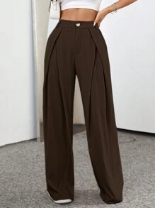 Flirla Casual Solid Color Wide Leg Pants - Coffee Brown - View 4