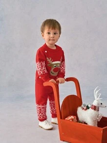 SHEIN Baby Boys Knit Sweater & Pants 2-Piece Set, Red Cozy & Warm Outfit For Autumn Winter, Christmas Deer Snow Heart Decor, Suitable For Holiday, Daily Wear, And Outings