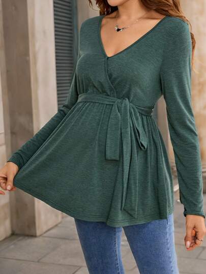 SHEIN Solid Color Knit Long Sleeve Maternity Top - Green