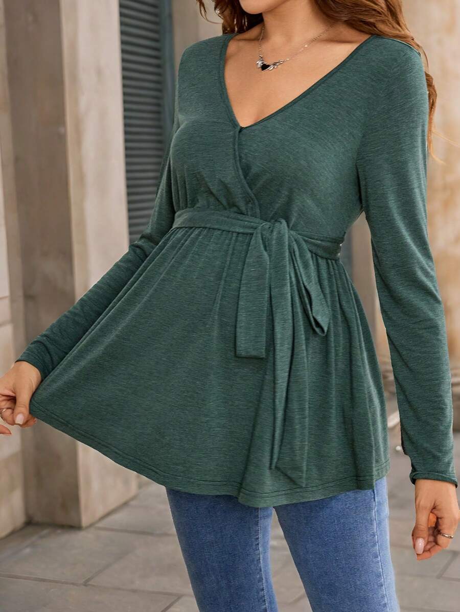SHEIN Top para maternidad de manga larga de punto de unicolor - verde - Verde - Ver 1