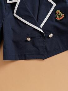 Souflis Souflis Young Girl Classic Academic Style Blazer With Shield Badge Collar Contrast Trim, Plaid Pleated Mini Skirt, And Plaid Bow 3-Piece Set - Royal Blue - View 6